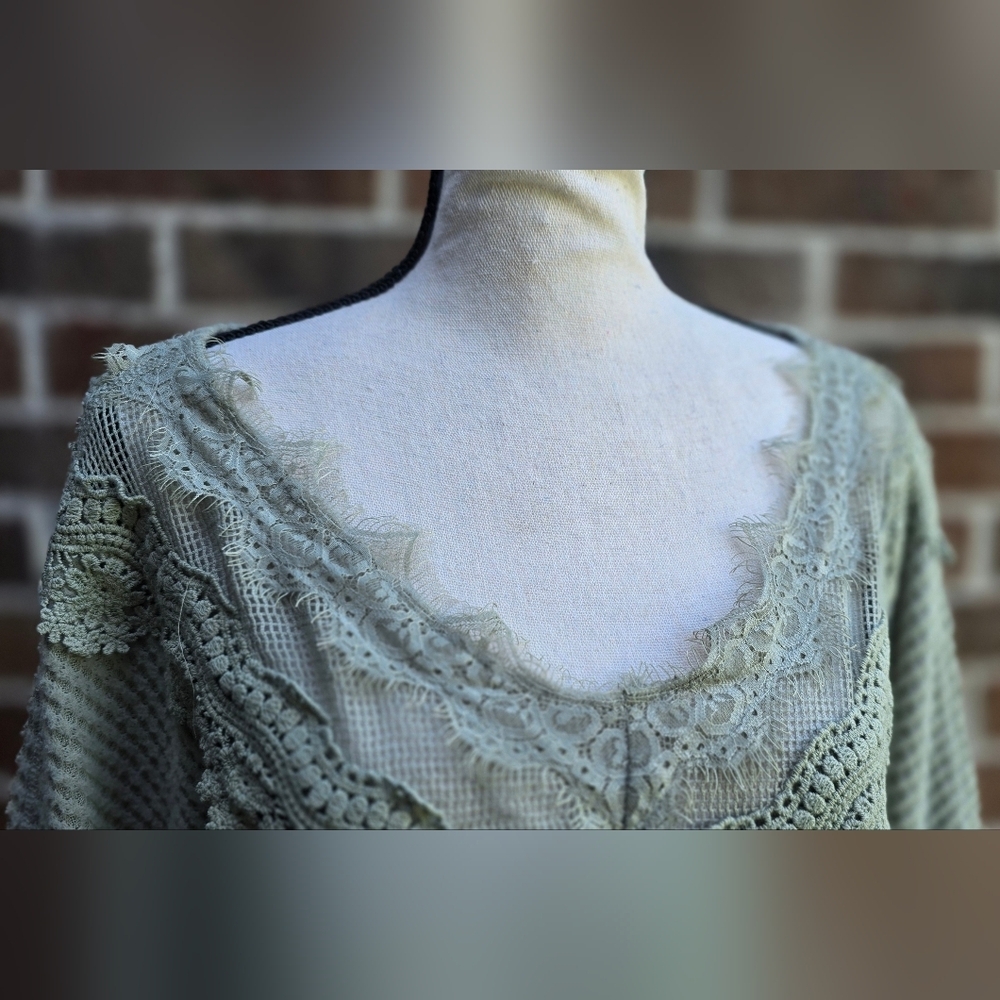 Daytrip Slouchy Sage Green Lace Trim Sweater - Picture 2 of 10